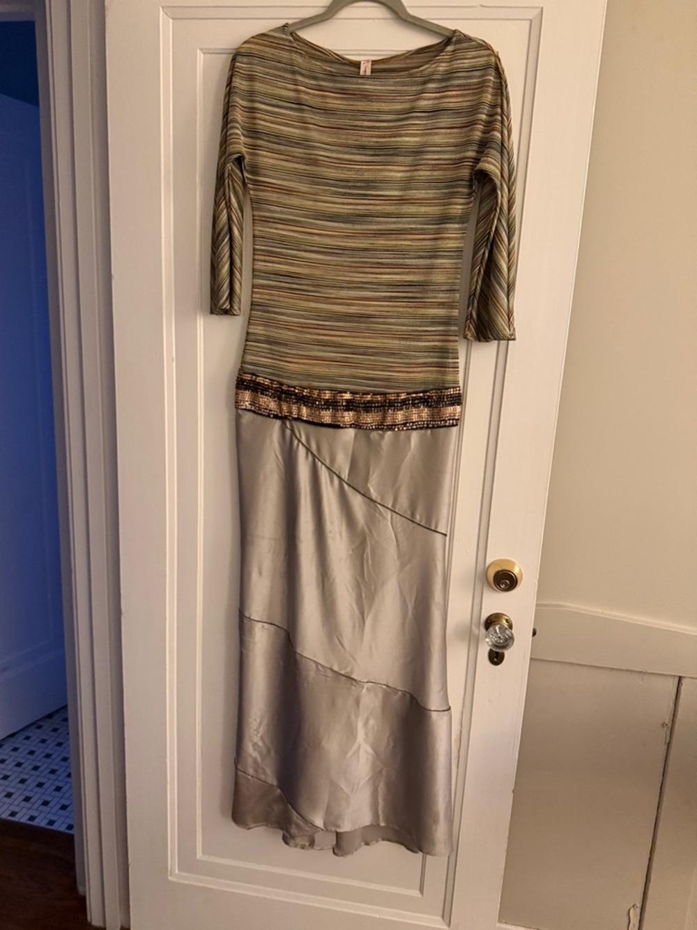 Kaplan Striped Green-Beige Top with Silver Satin Maxi Skirt